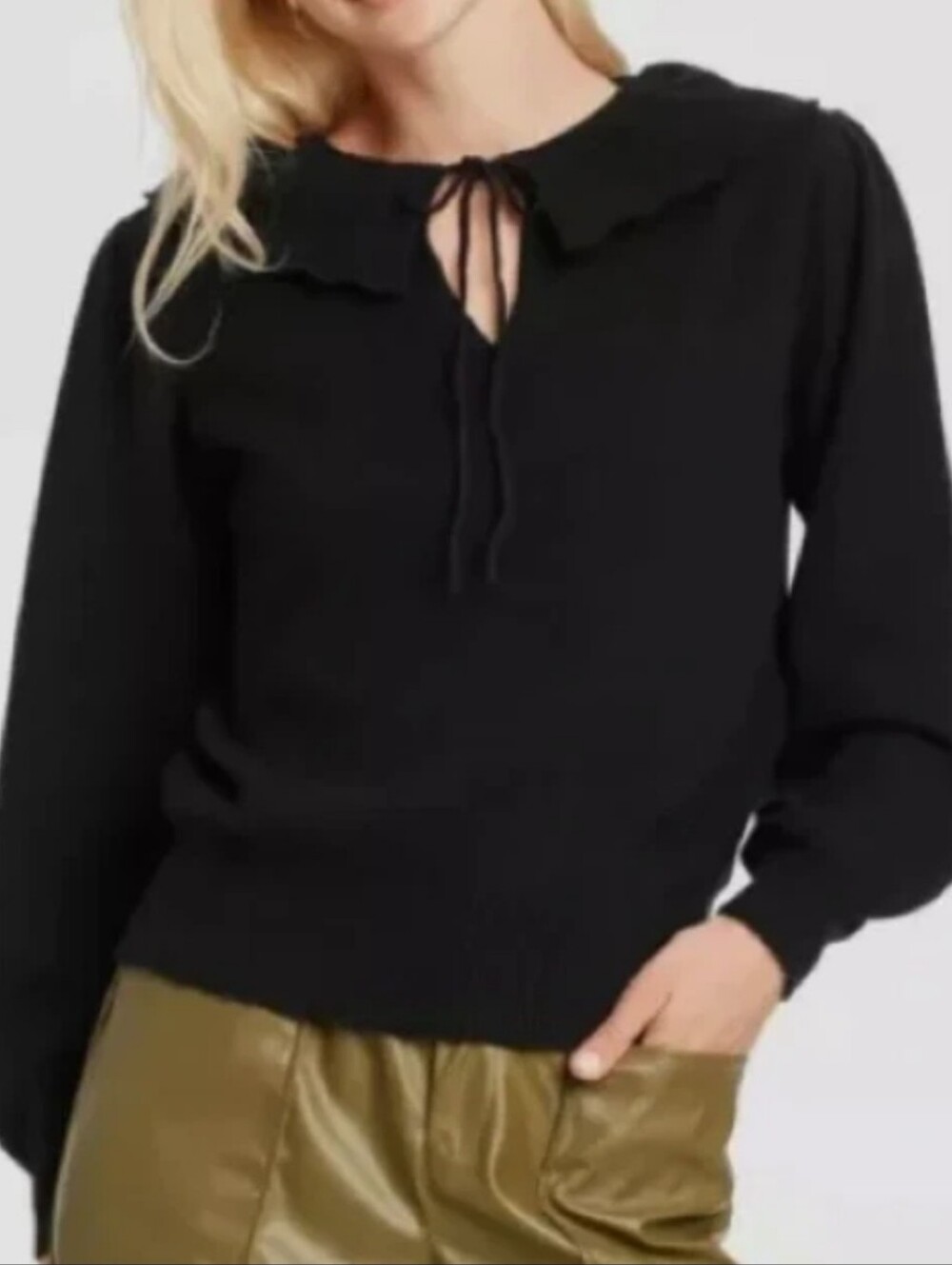 Who What Wear Ruffle Statement Collar Tie Neck Knit Sweater Black L NWOT